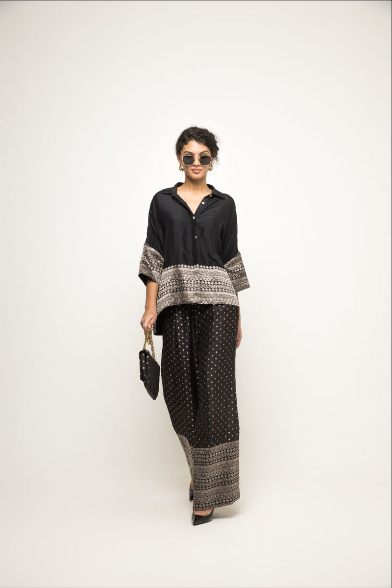 Jeha- Silk Shirt With Broacde Detail Paired With Statement Brocade Pants - Black