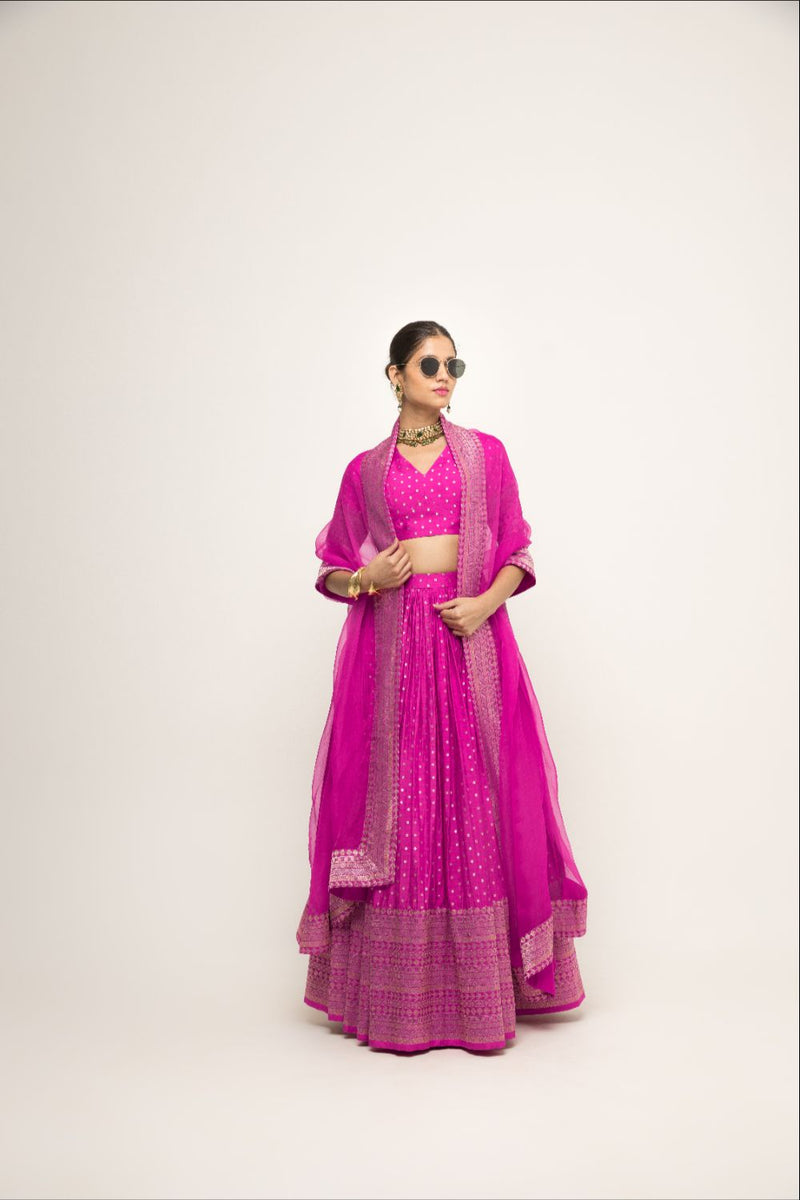 Fuschia Pink Dotted Broacde Lehenga Set - Pink