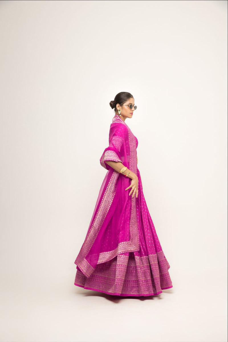 Fuschia Pink Dotted Broacde Lehenga Set - Pink
