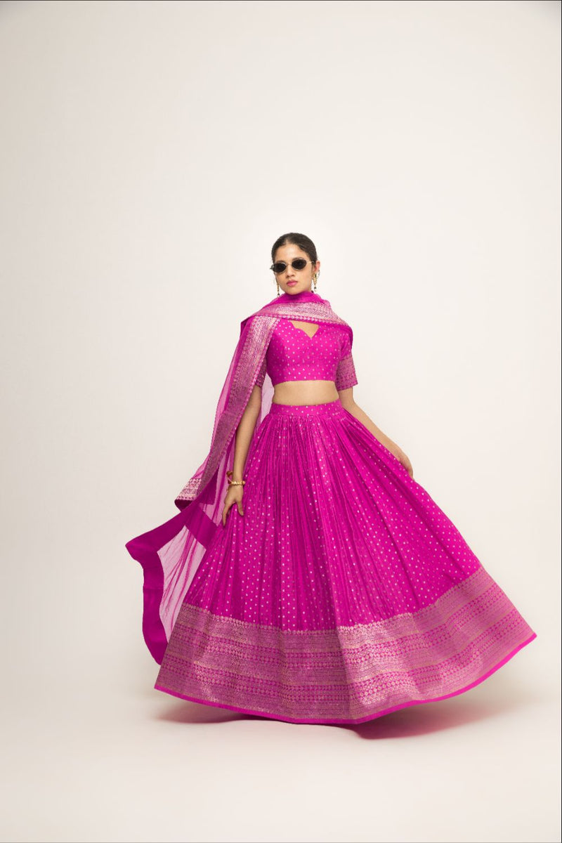 Fuschia Pink Dotted Broacde Lehenga Set - Pink