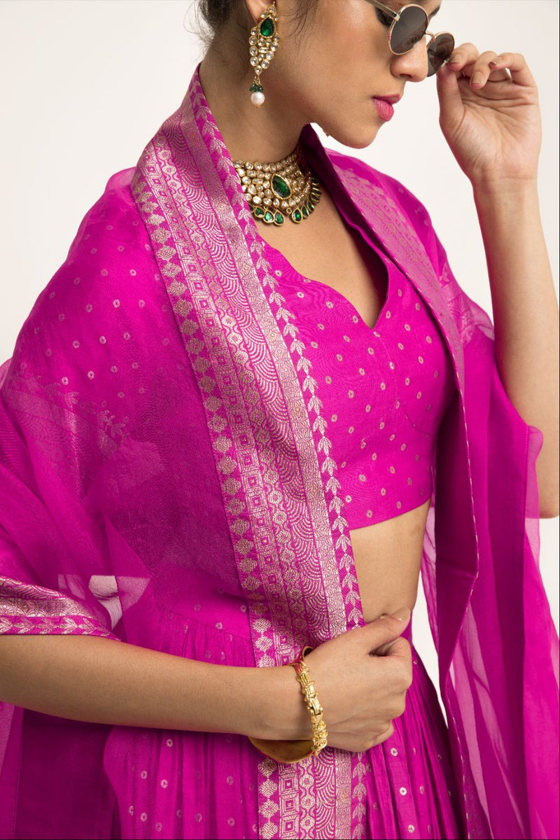 Fuschia Pink Dotted Broacde Lehenga Set - Pink