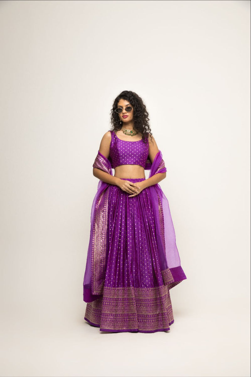 Purple Dotted Broacde Lehenga Set - Purple