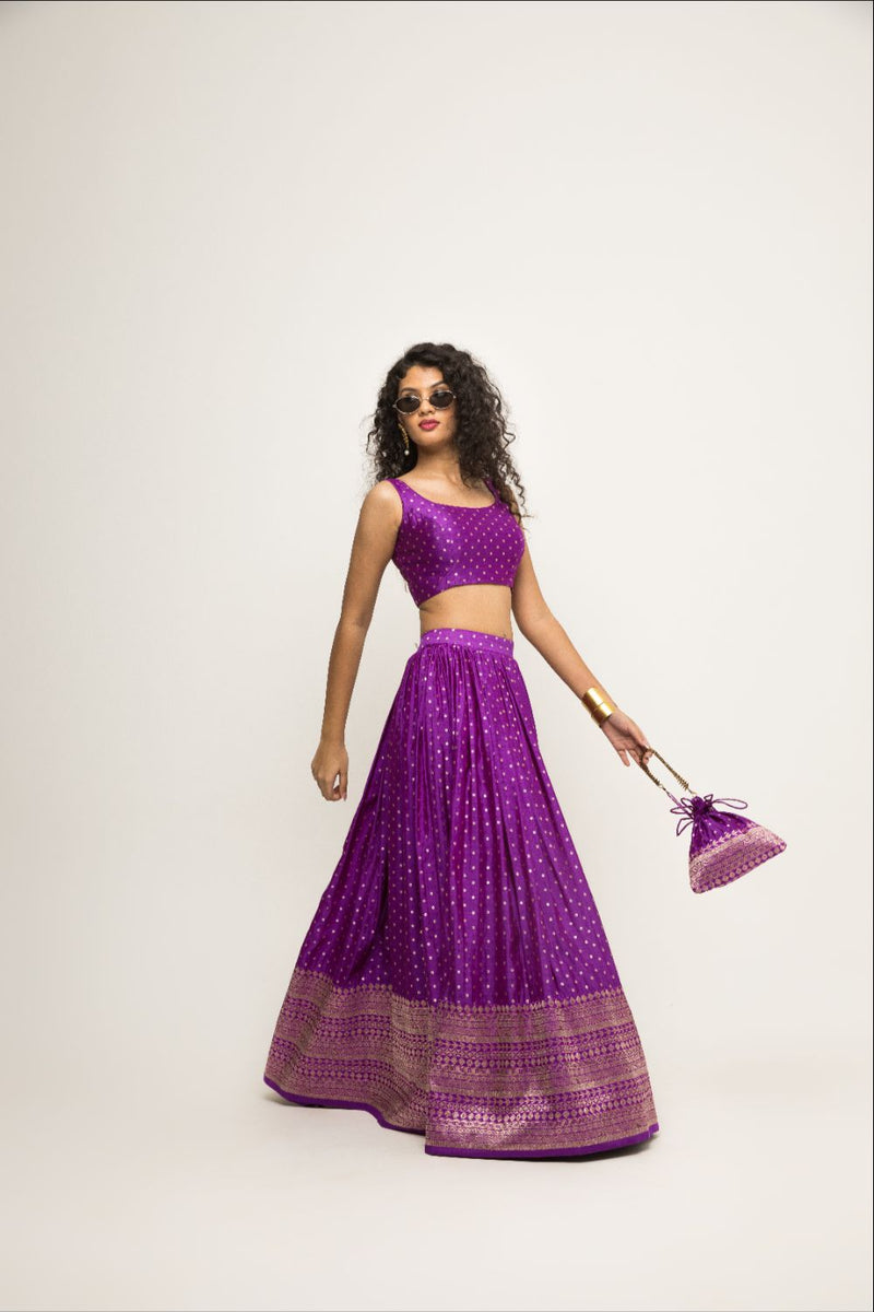 Purple Dotted Broacde Lehenga Set - Purple