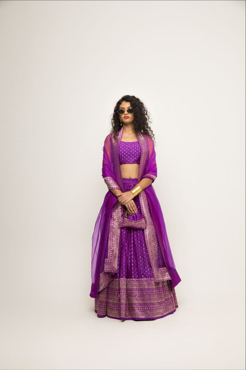 Purple Dotted Broacde Lehenga Set - Purple
