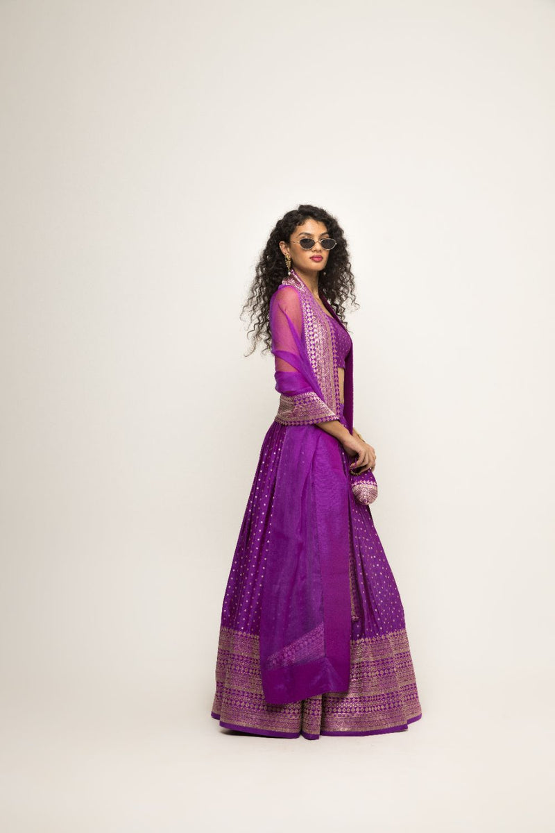 Purple Dotted Broacde Lehenga Set - Purple
