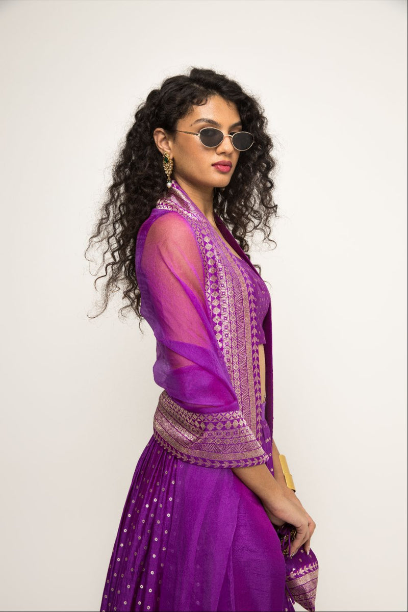 Purple Dotted Broacde Lehenga Set - Purple