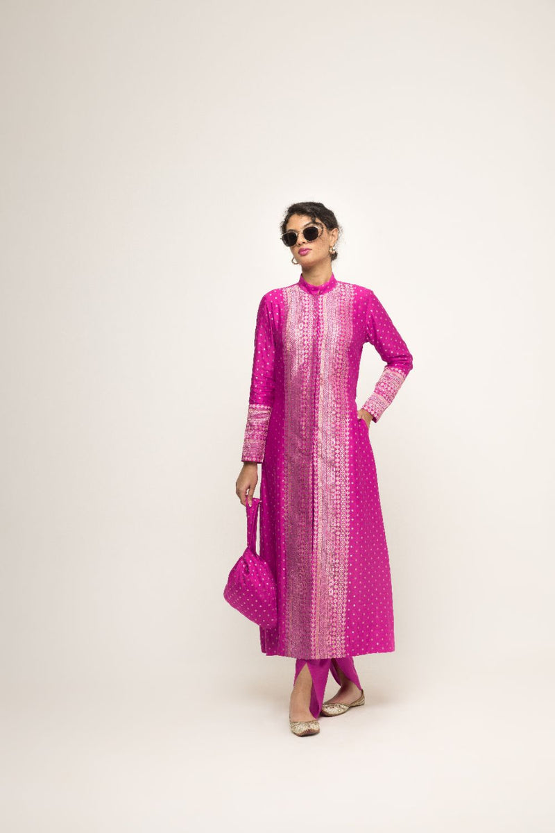 Rani-Long Dotted Statement Brocade Jacket & Dhoti Set - Pink