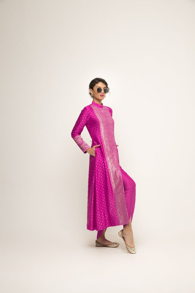 Rani-Long Dotted Statement Brocade Jacket & Dhoti Set - Pink