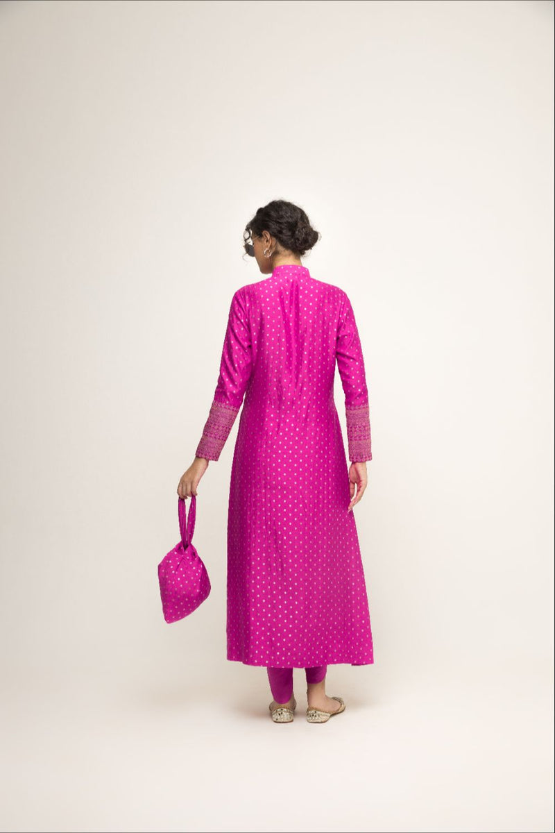 Rani-Long Dotted Statement Brocade Jacket & Dhoti Set - Pink