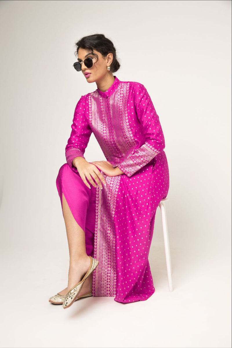 Rani-Long Dotted Statement Brocade Jacket & Dhoti Set - Pink