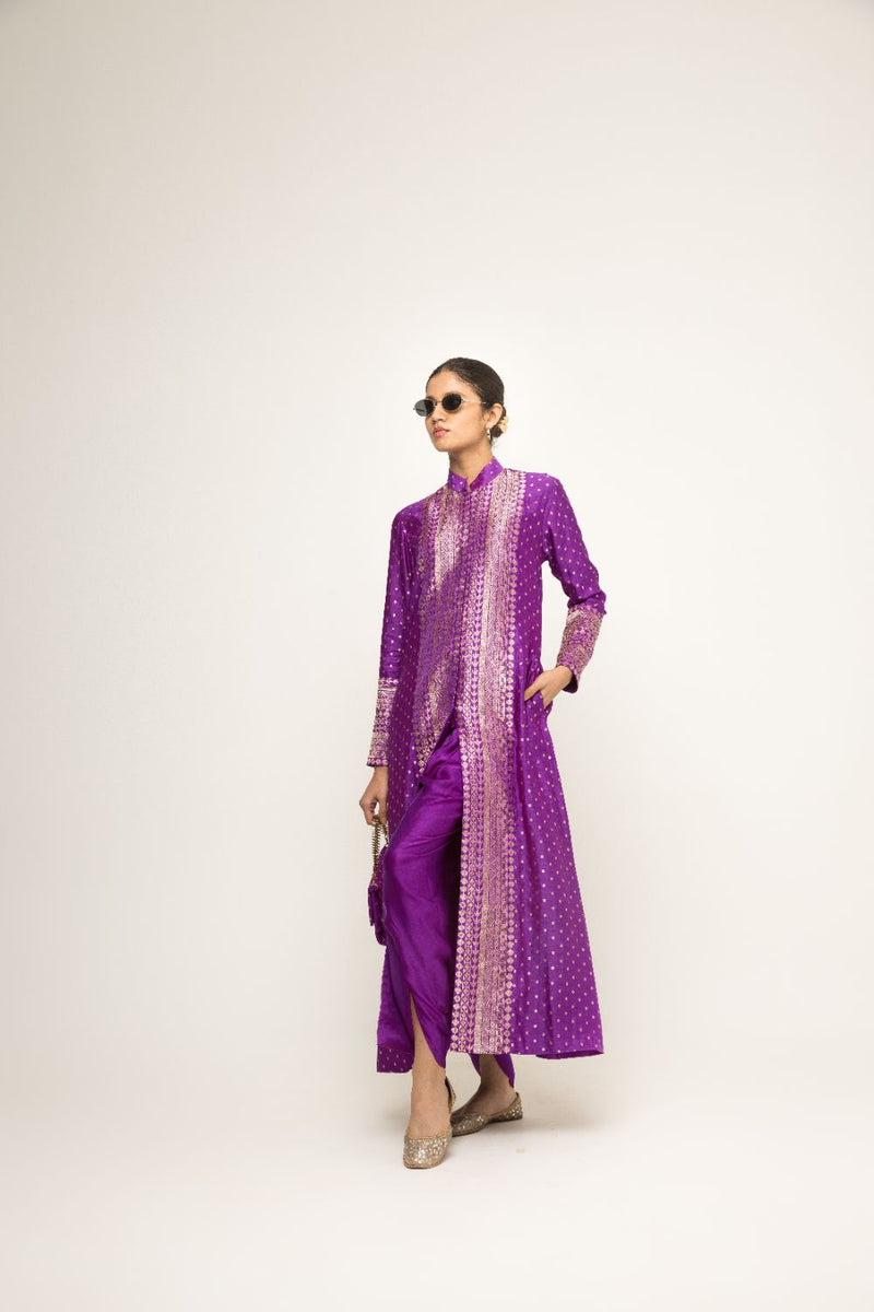 Rani-Long Dotted Statement Brocade Jacket & Dhoti Set - Purple