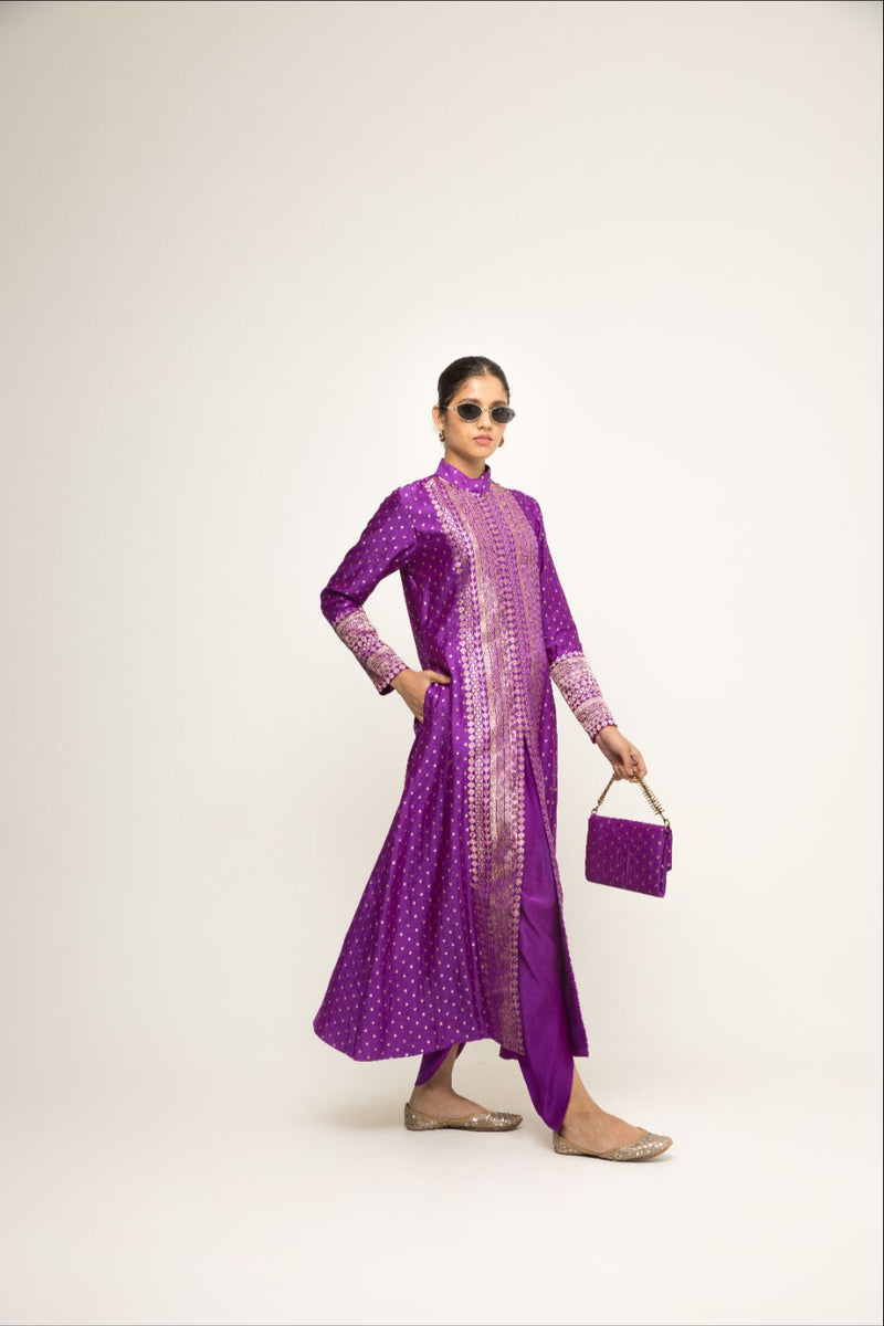 Rani-Long Dotted Statement Brocade Jacket & Dhoti Set - Purple