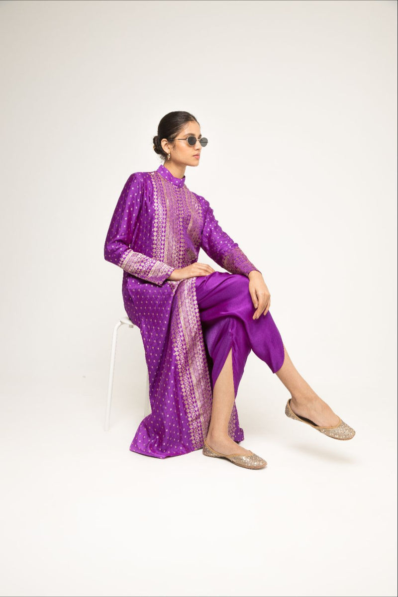 Rani-Long Dotted Statement Brocade Jacket & Dhoti Set - Purple
