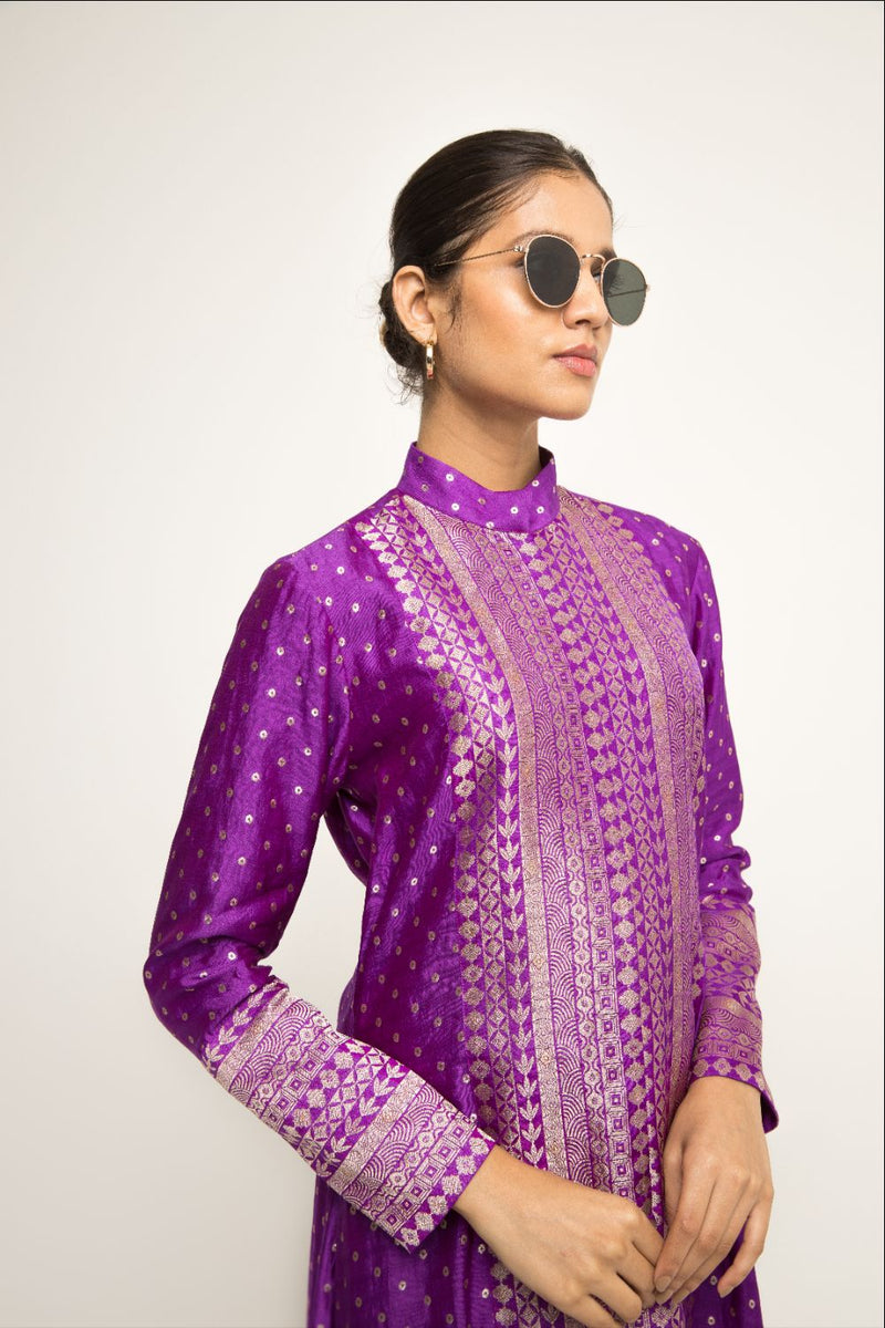 Rani-Long Dotted Statement Brocade Jacket & Dhoti Set - Purple