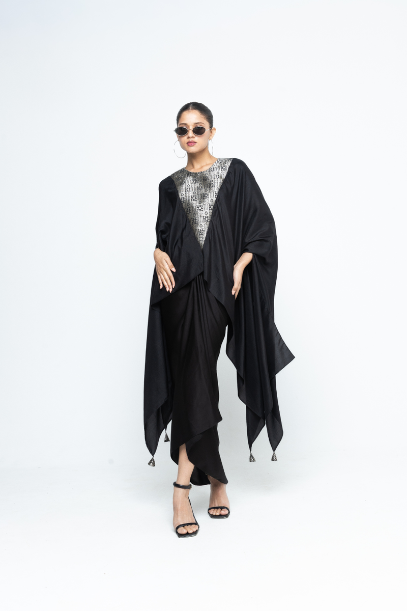 Trisha - Statement Silk Cape and Skirt set - Black