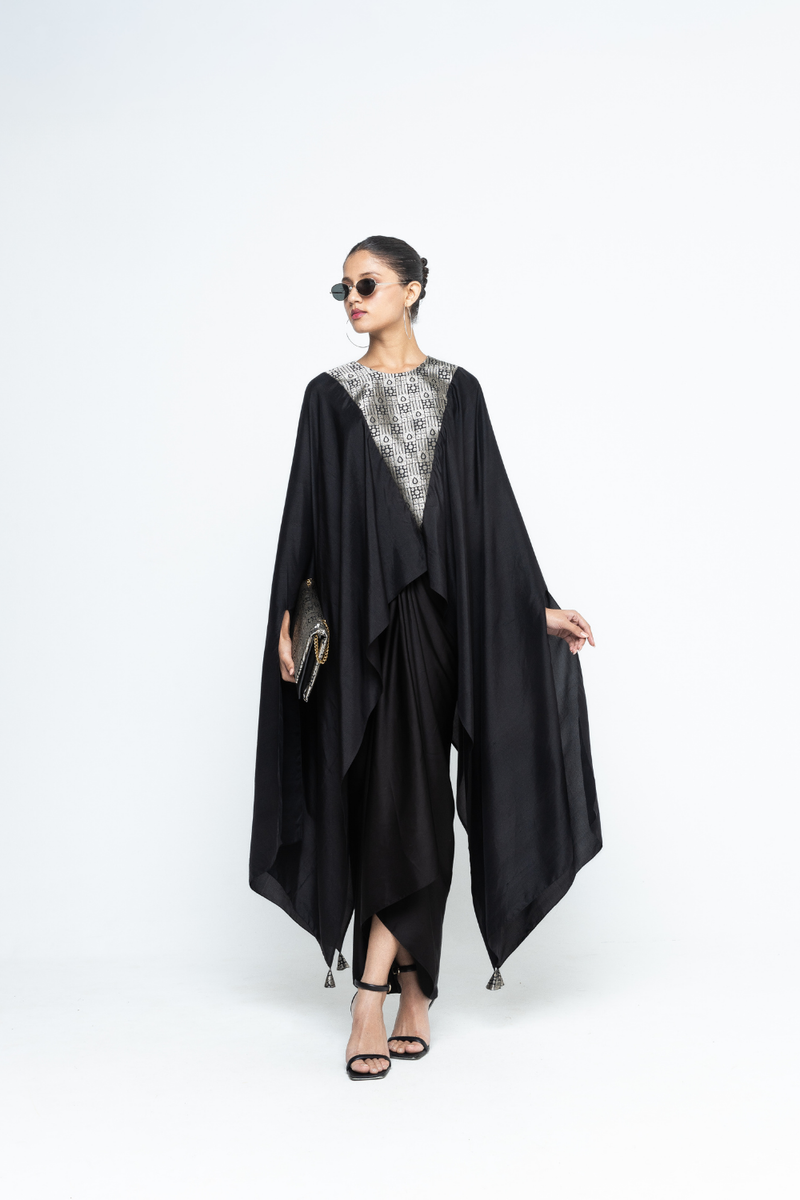 Trisha - Statement Silk Cape and Skirt set - Black