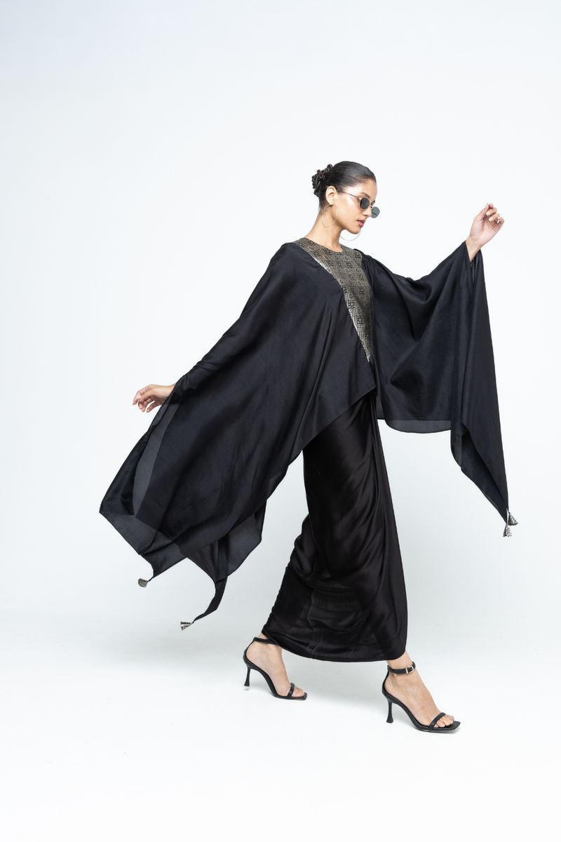 Trisha - Statement Silk Cape and Skirt set - Black