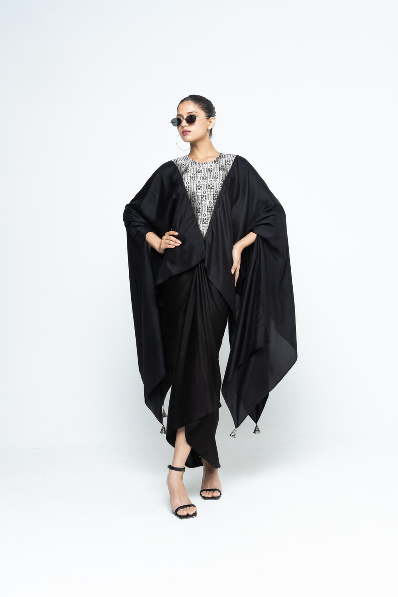 Trisha - Statement Silk Cape and Skirt set - Black