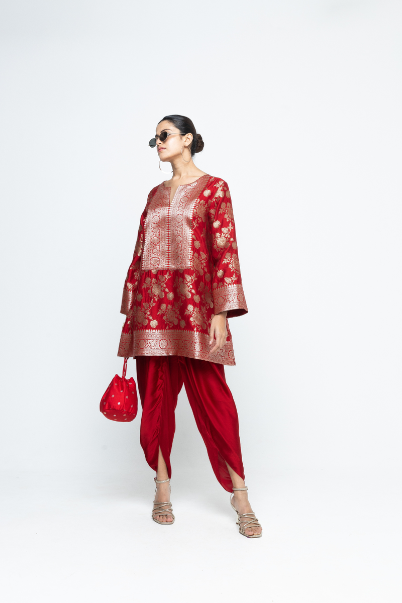 Gul - Floral Brocade kurta with Dhoti - Red