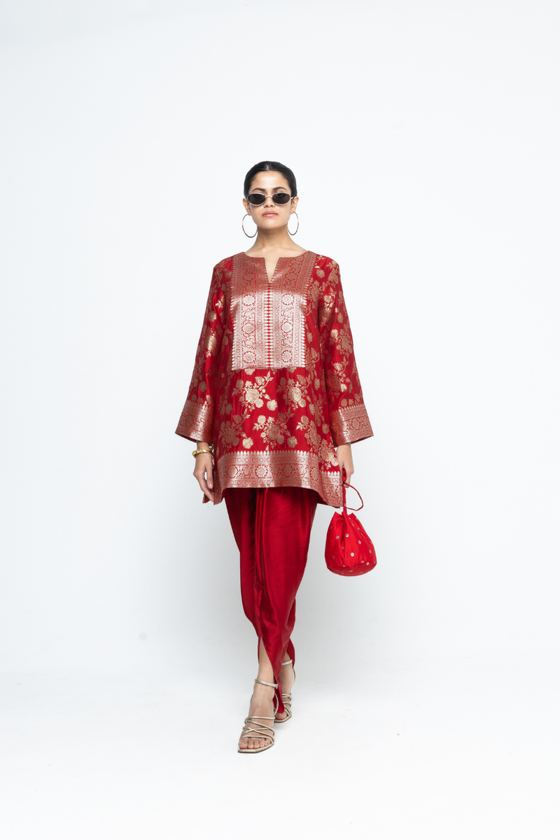 Gul - Floral Brocade kurta with Dhoti - Red