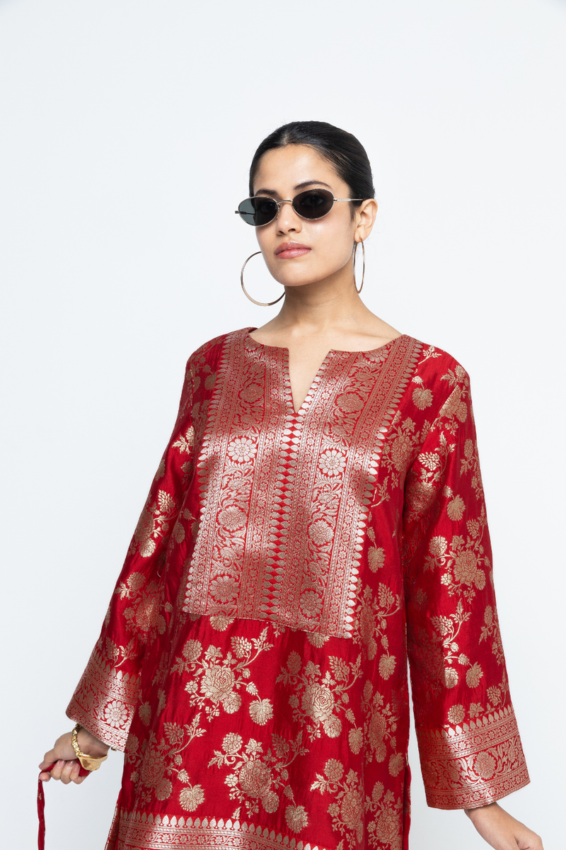 Gul - Floral Brocade kurta with Dhoti - Red