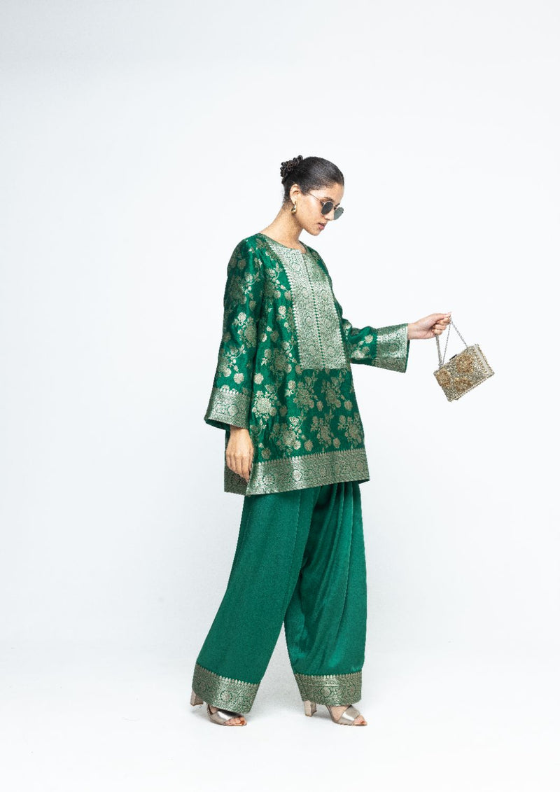 Gul - Floral Brocade kurta with Farshi Salwar - Green