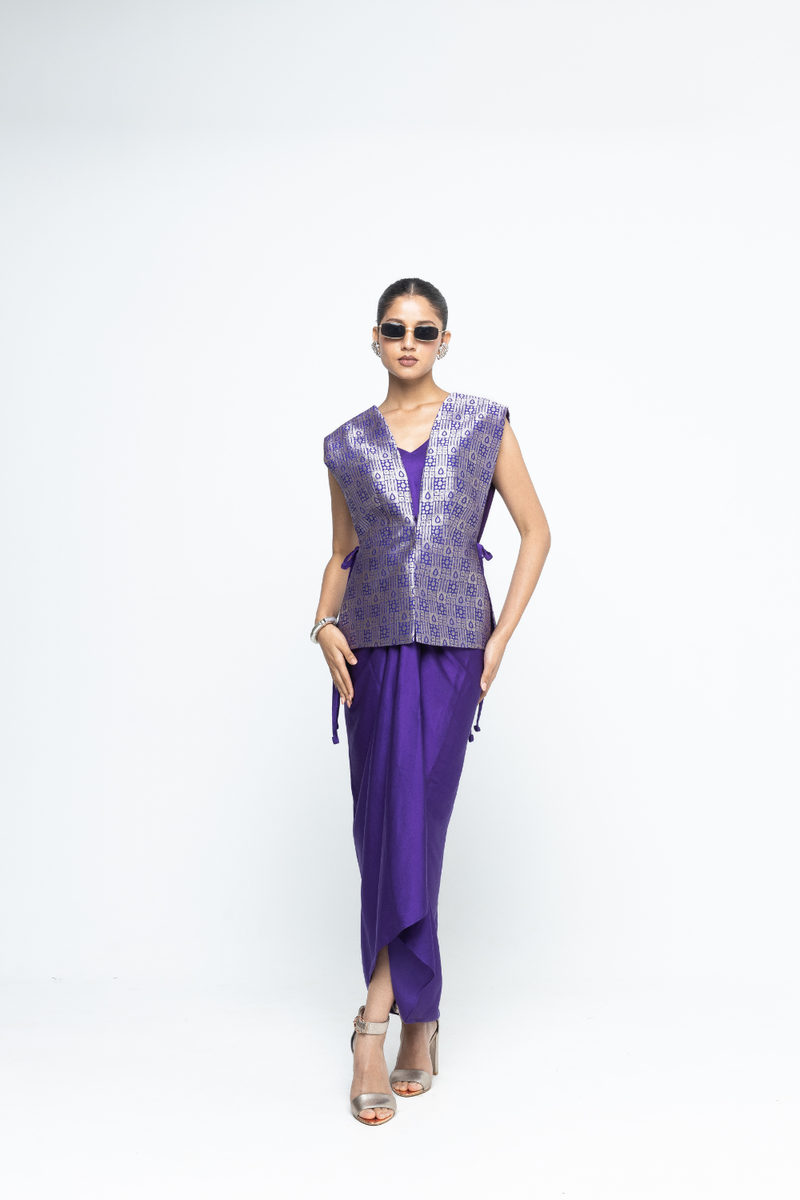 Alia - Brocade Gilet paired with Assymetrical Dress - Purple
