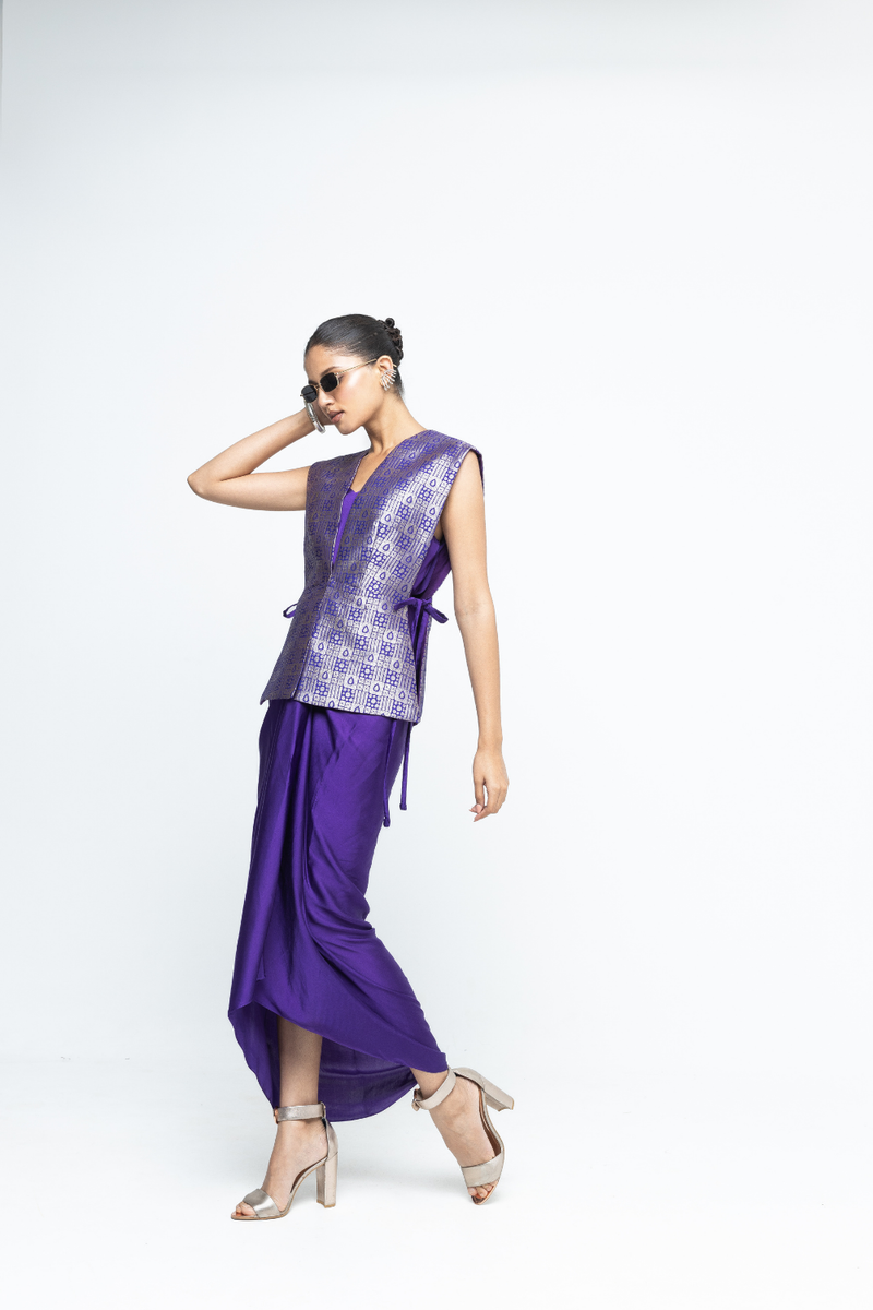 Alia - Brocade Gilet paired with Assymetrical Dress - Purple