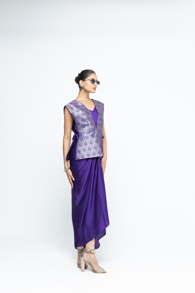 Alia - Brocade Gilet paired with Assymetrical Dress - Purple