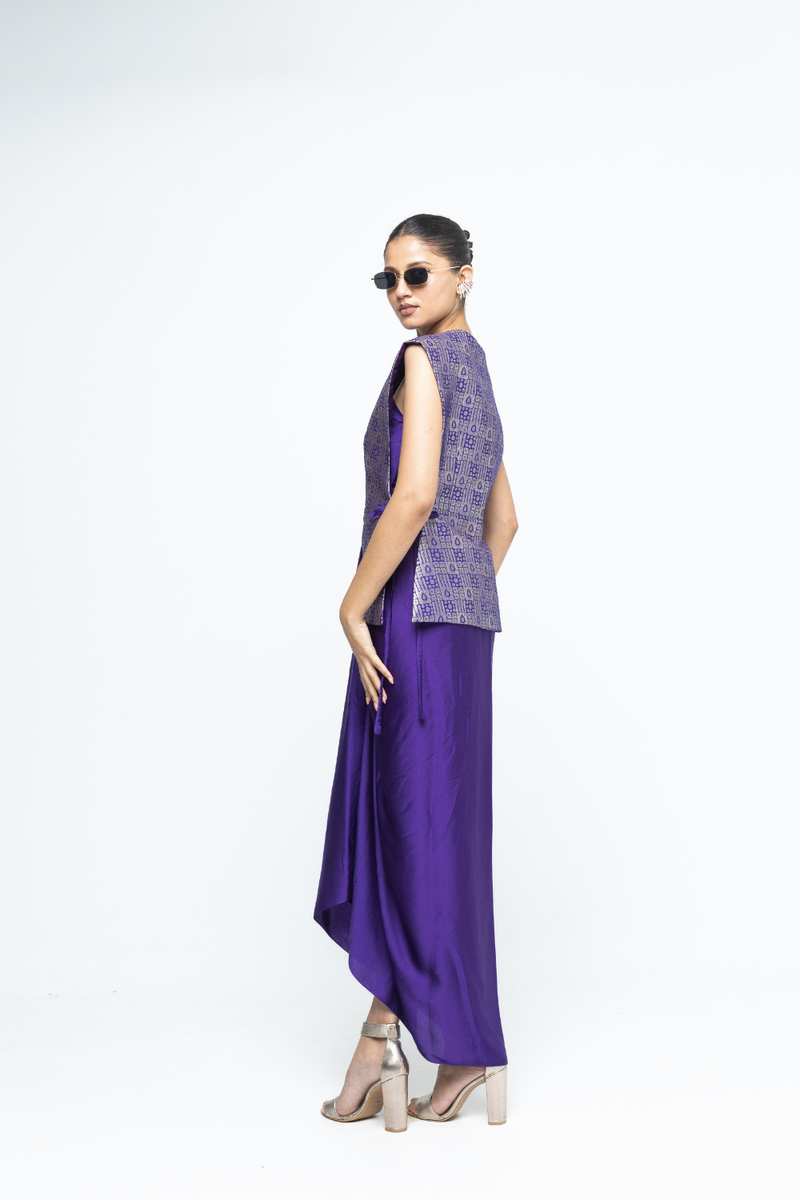Alia - Brocade Gilet paired with Assymetrical Dress - Purple