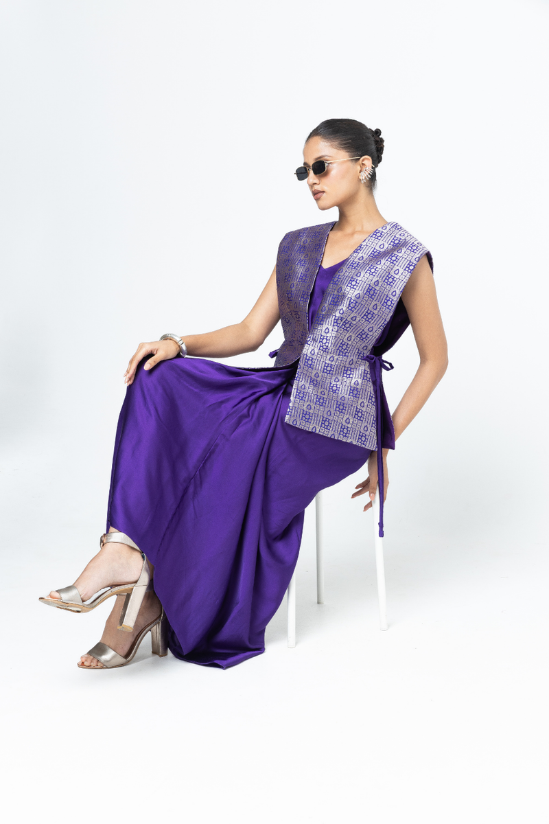 Alia - Brocade Gilet paired with Assymetrical Dress - Purple