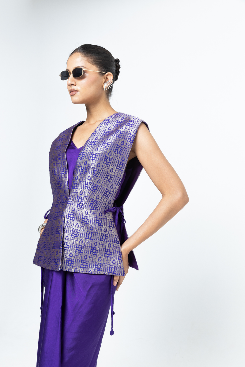 Alia - Brocade Gilet paired with Assymetrical Dress - Purple