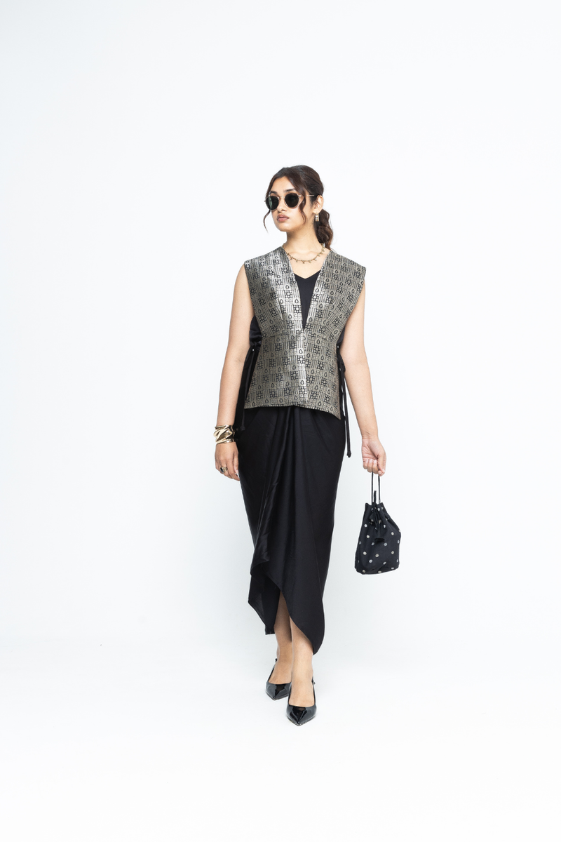 Alia - Brocade Gilet paired with Assymetrical Dress - Black
