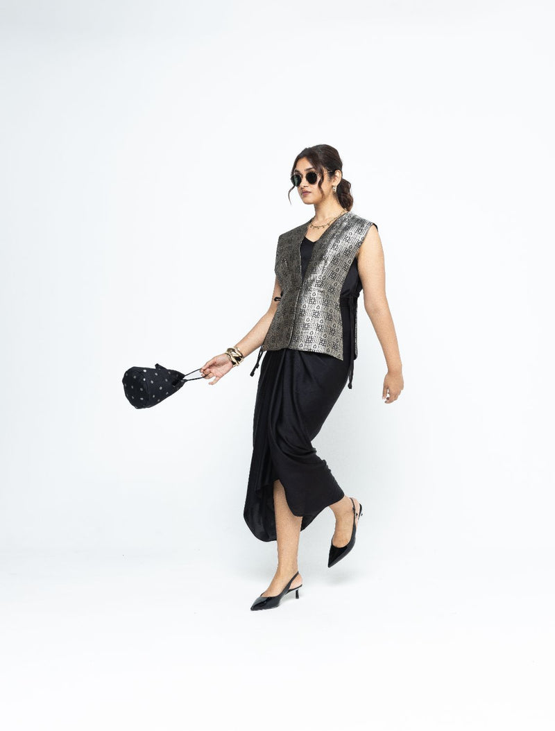 Alia - Brocade Gilet paired with Assymetrical Dress - Black