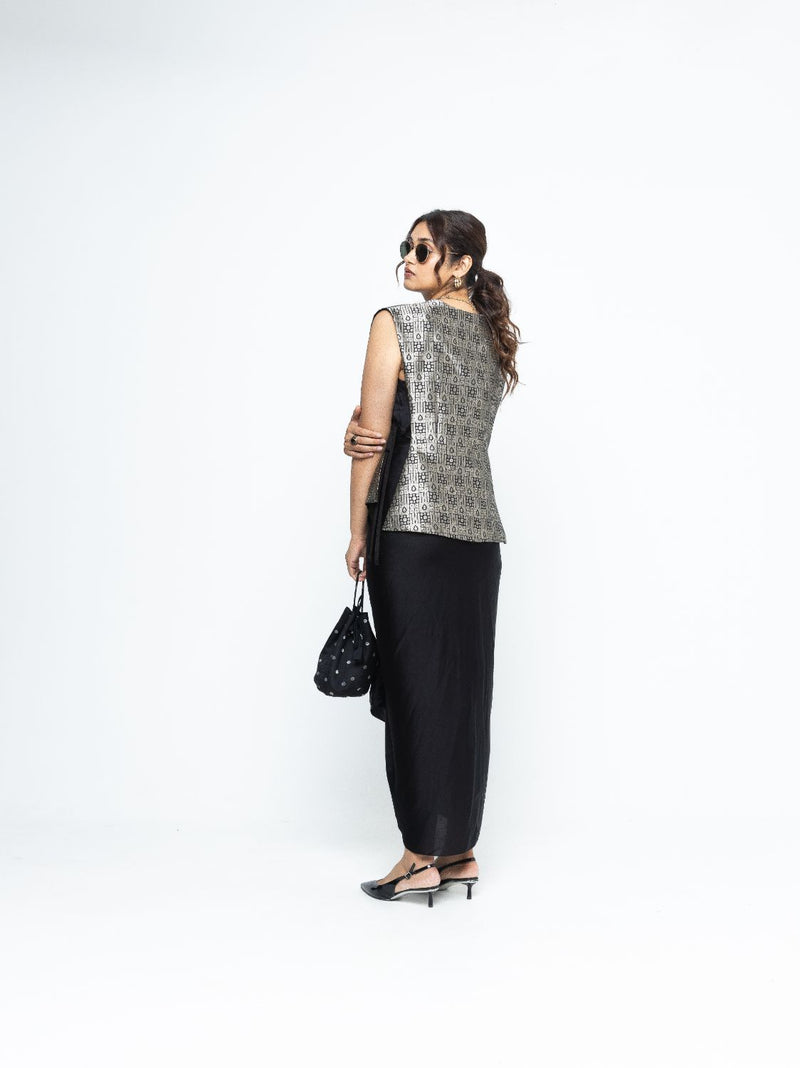 Alia - Brocade Gilet paired with Assymetrical Dress - Black