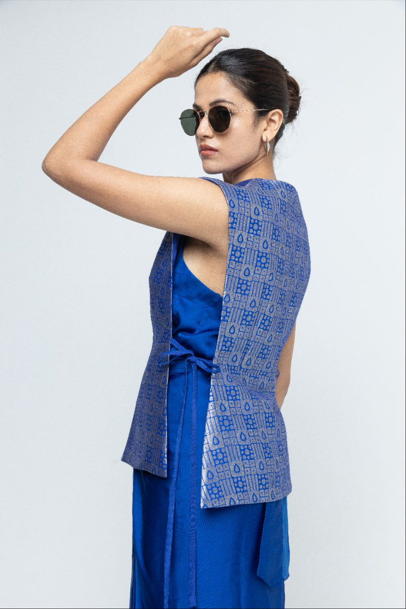 Alia - Brocade Gilet paired with Assymetrical Dress - Blue