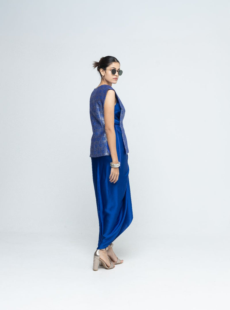 Alia - Brocade Gilet paired with Assymetrical Dress - Blue
