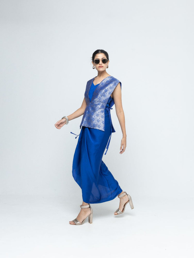 Alia - Brocade Gilet paired with Assymetrical Dress - Blue