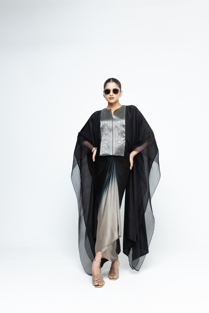 Onaya - Silk Cape and Ombre Dress set - Black