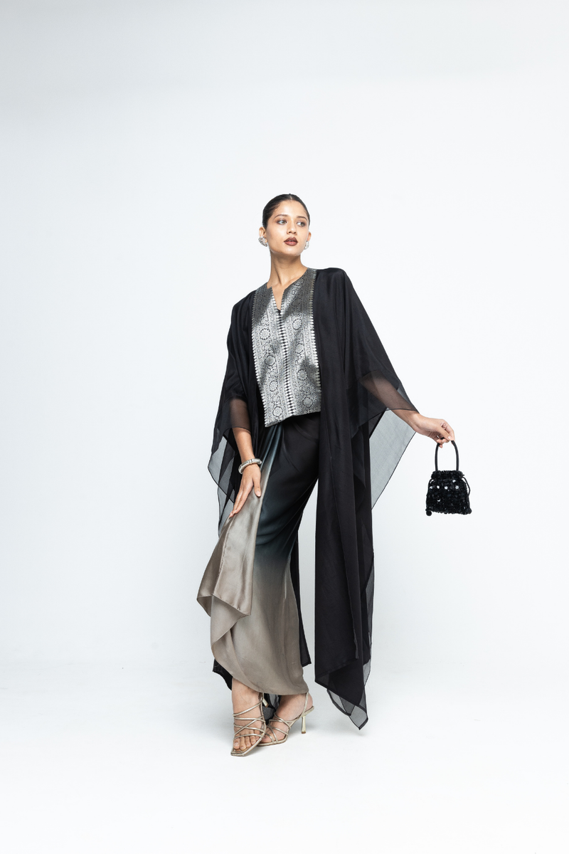 Onaya - Silk Cape and Ombre Dress set - Black