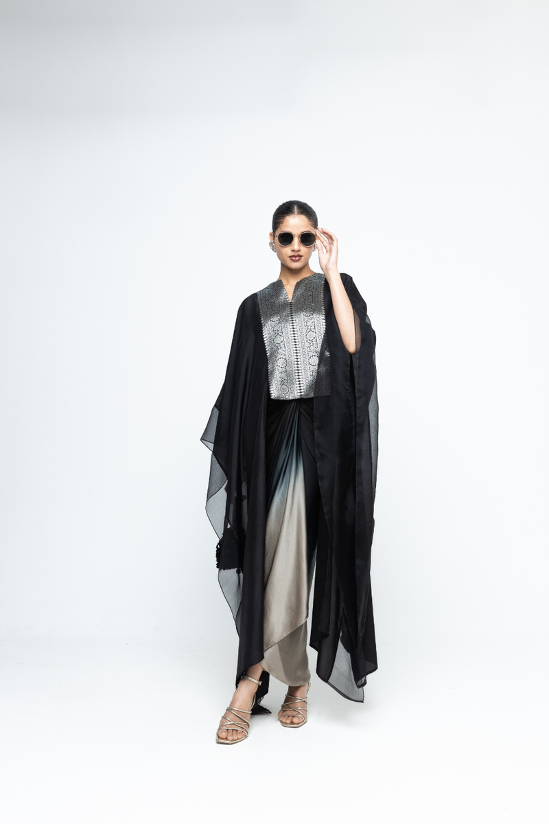 Onaya - Silk Cape and Ombre Dress set - Black