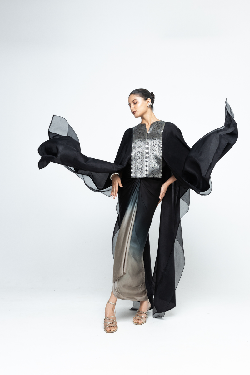 Onaya - Silk Cape and Ombre Dress set - Black