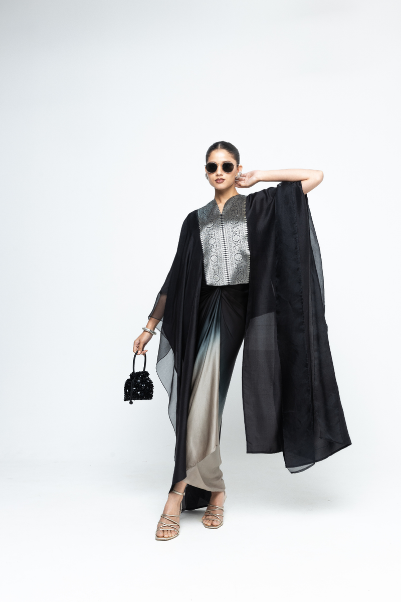 Onaya - Silk Cape and Ombre Dress set - Black