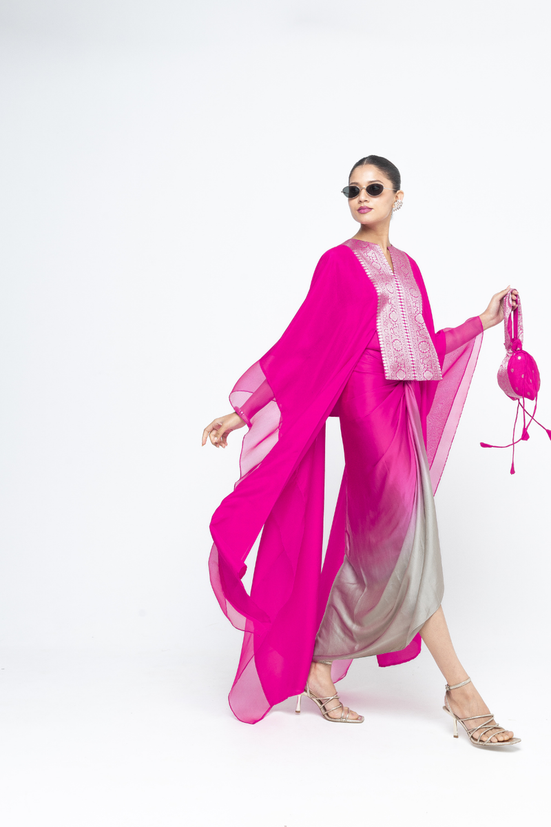 Onaya - Silk Cape and Ombre Dress set - Pink