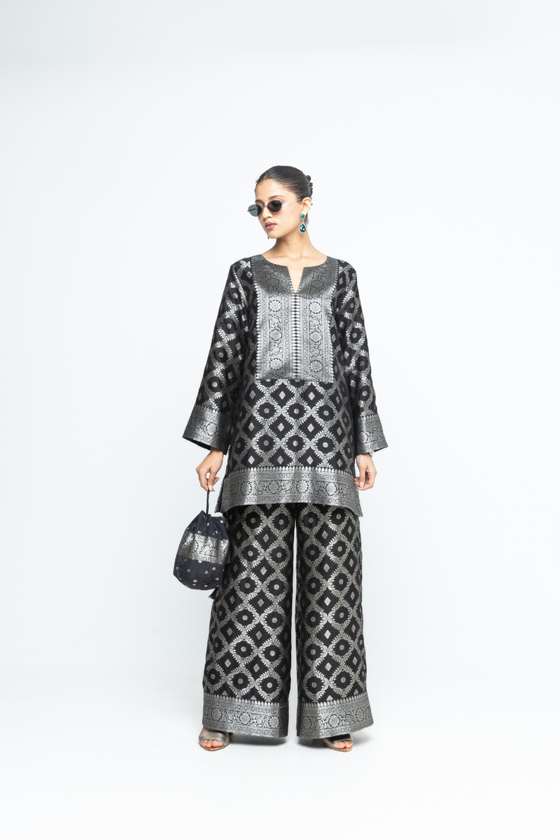 Heera - Brocade Jaal Kurta with Pants - Black