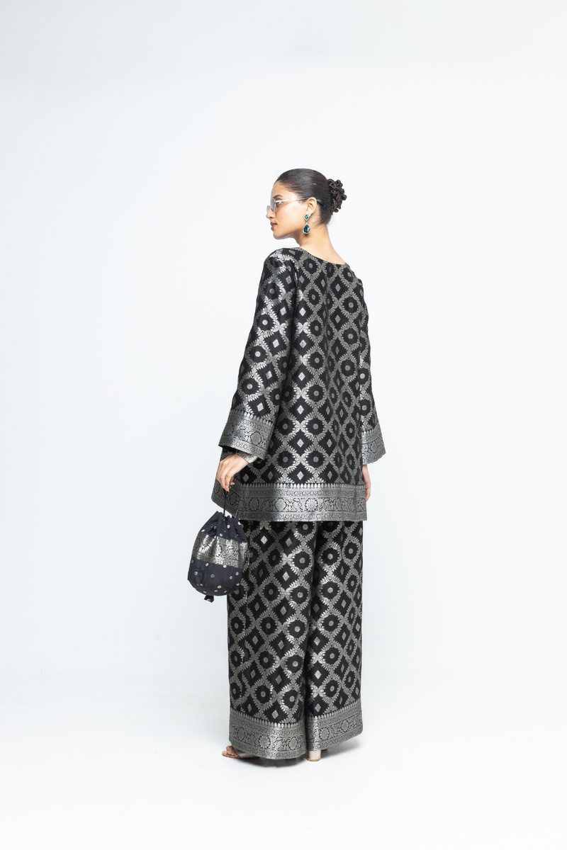 Heera - Brocade Jaal Kurta with Pants - Black