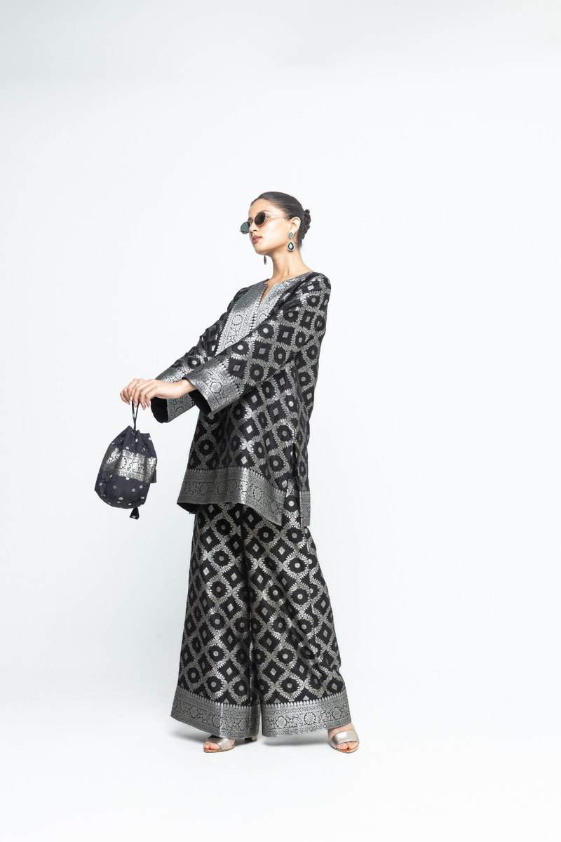 Heera - Brocade Jaal Kurta with Pants - Black