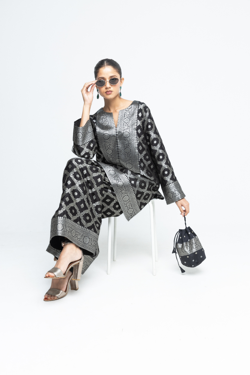 Heera - Brocade Jaal Kurta with Pants - Black