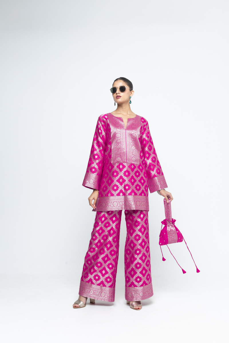 Heera - Brocade Jaal Kurta with Pants - Pink