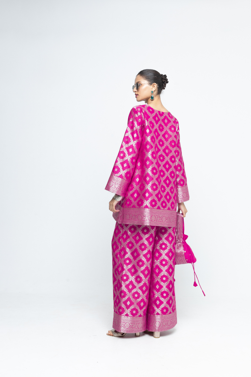 Heera - Brocade Jaal Kurta with Pants - Pink